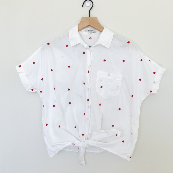 Madewell Tops - Madewell Strawberry Embroidered Tie Front Shirt XS